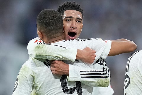 La liga 2024-25: Real Madrid's Jude Bellingham congratulate teammate Kylian Mbappe on scoring his side's second goal