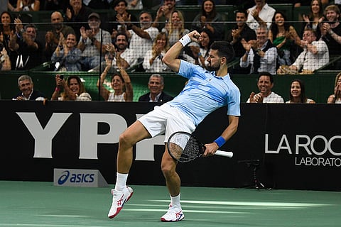 Juan Martin Del Porto Retires: Djokovic reacts during an exhibition match