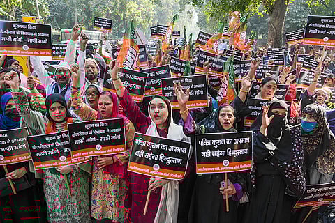 BJP protest against AAP MLA Naresh Yadav