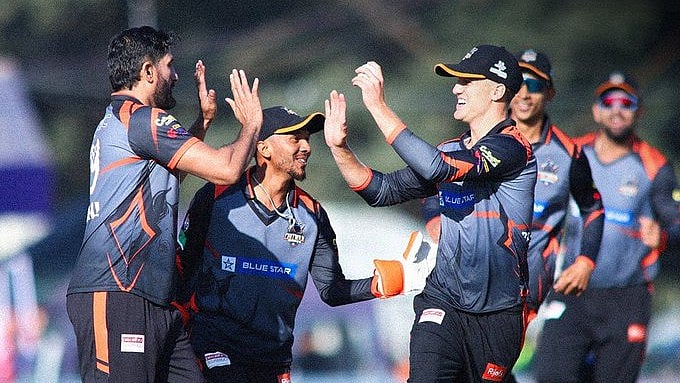 X/OfficialNPLT20 : Chitwan Rhinos players celebrate.