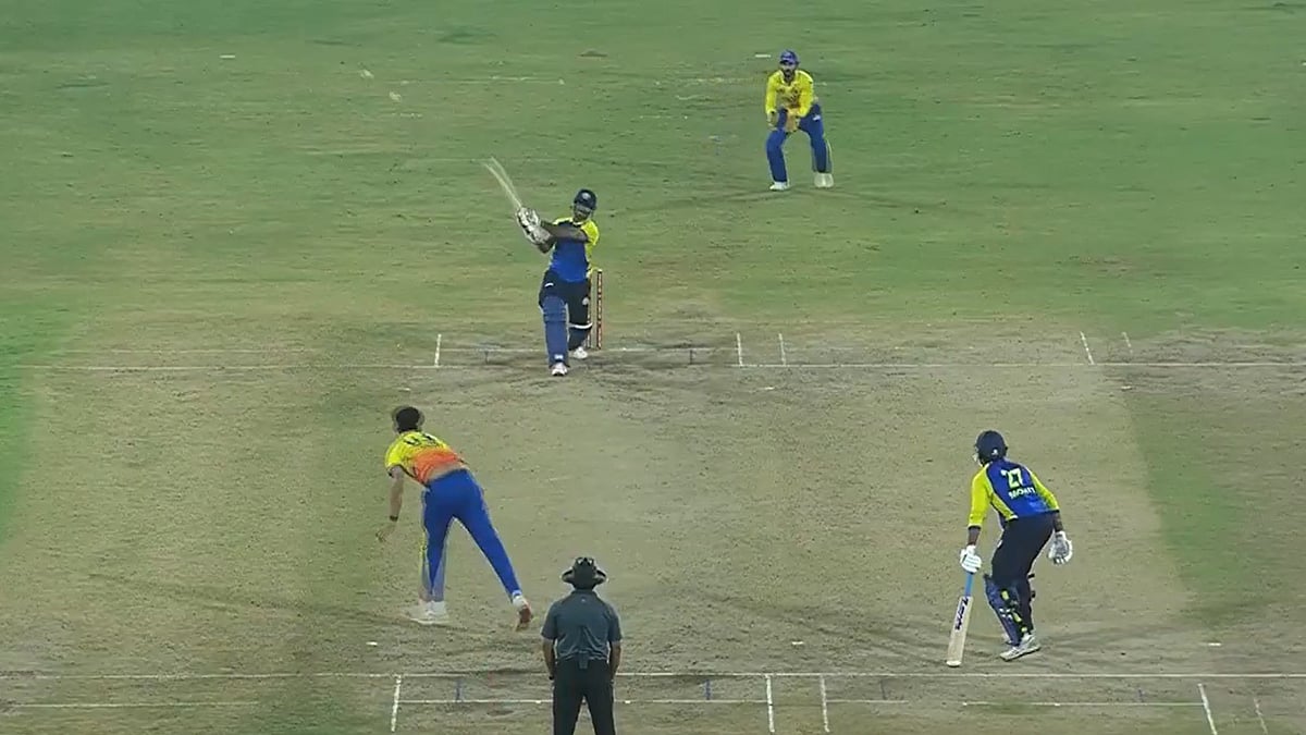 Photo: X/BCCI Domestic : Vikas Singh hits a six during the Goa vs Maharashtra match in Syed Mushtaq Ali Trophy in Hyderabad on Tuesday. (December 3, 2024).