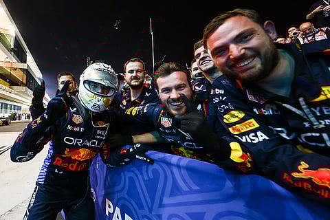 F1 Grand Prix of Qatar: Race winner Max Verstappen celebrates with Oracle Red Bull Racing team members