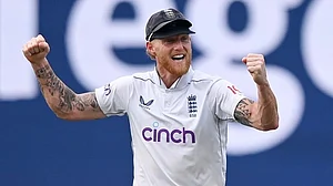 AP : Ben Stokes celebrates the wicket of New Zealand's Tom Blundell during play on the first day of the first cricket test between England and New Zealand at Hagley Oval in Christchurch.