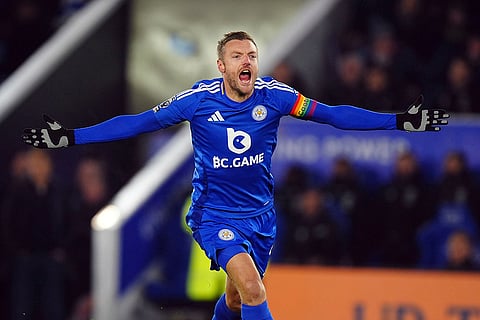 English Premier League: Leicester City's Jamie Vardy celebrates after scoring the opening goal