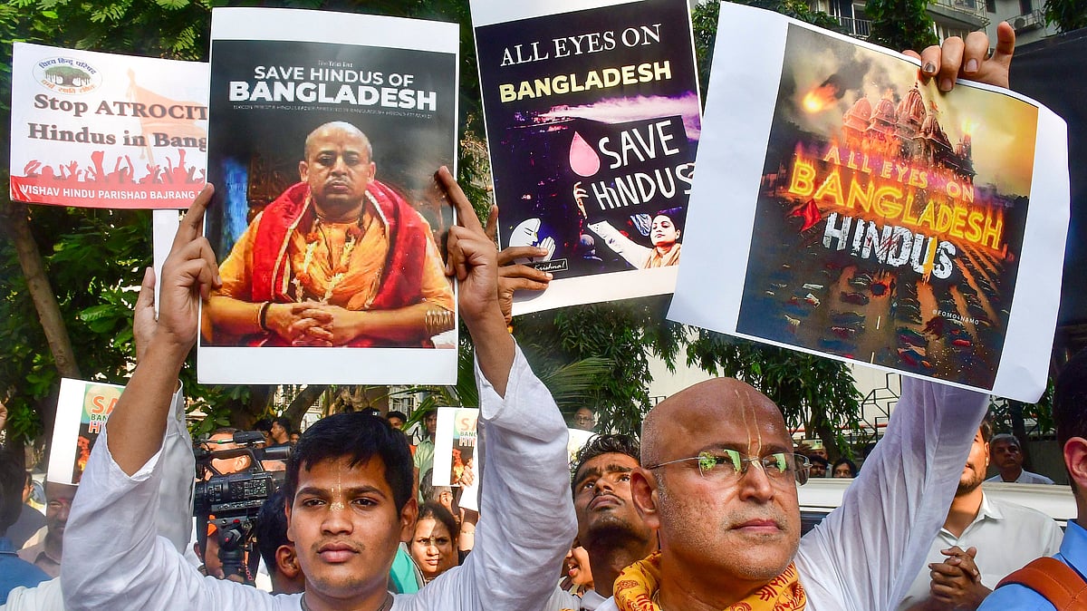 PTI : Protest against the arrest of Hindu monk Chinmoy Krishna Das carried out in Bangladesh.