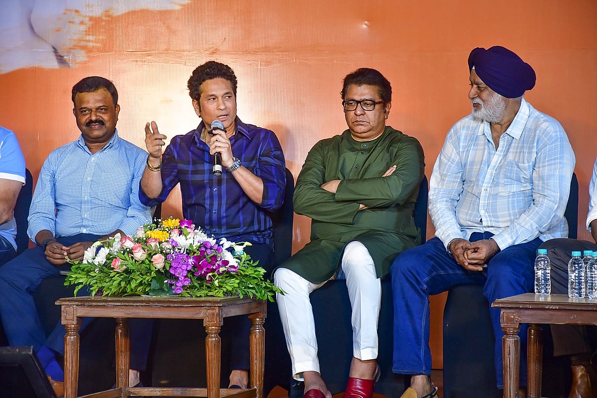Former India cricketers Sachin Tendulkar, Balvinder Singh Sandhu, and Pravin Amre with Maharashtra Navnirman Sena (MNS) chief Raj Thackeray during the unveiling of the memorial of legendary cricket coach Ramakant Achrekar, at Shivaji Park in Mumbai, Tuesday, Dec. 3, 2024.  - PTI