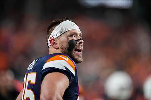 NFL: Broncos tight end Lucas Krull yells from the sideline