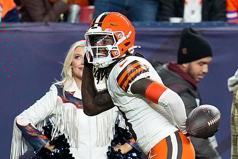 NFL: Browns wide receiver Jerry Jeudy reacts after his successful 2-point conversion