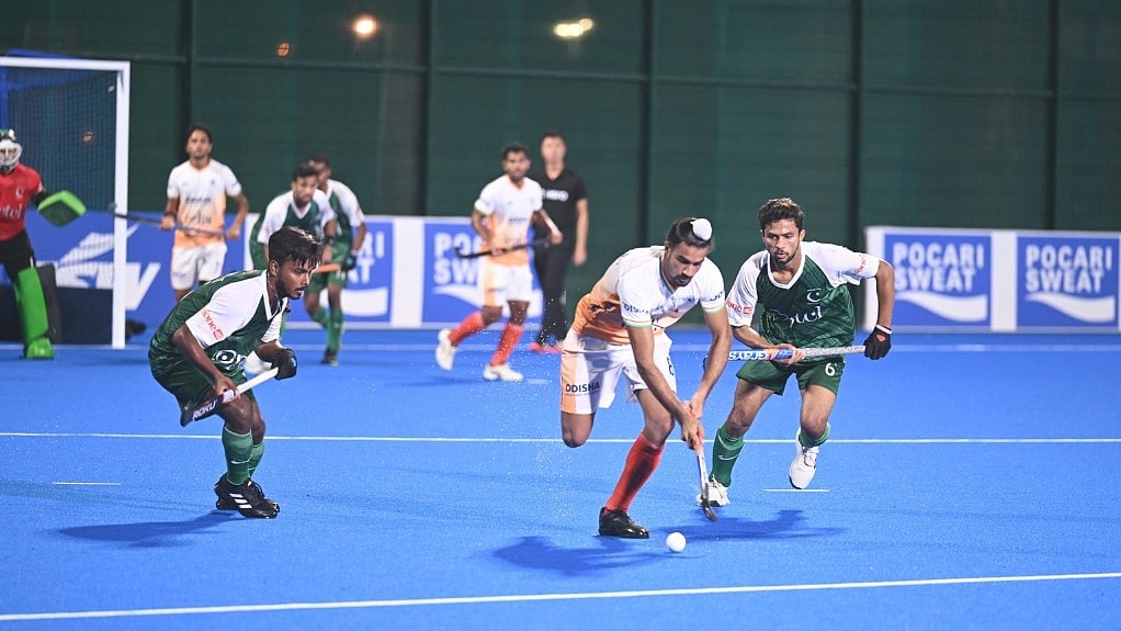 Photo: X/Asian Hockey Federation : Action from the India vs Pakistan hockey final at Junior Asia Cup 2024 in Muscat, Oman.