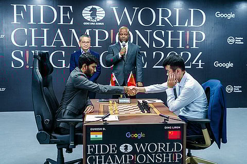 World Chess Championship 2024: India's D Gukesh and China’s Ding Liren exchange greetings