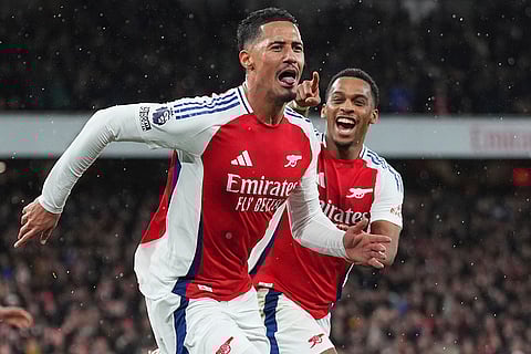 EPL 2024-25: William Saliba, left, celebrates after scoring his side's second goal