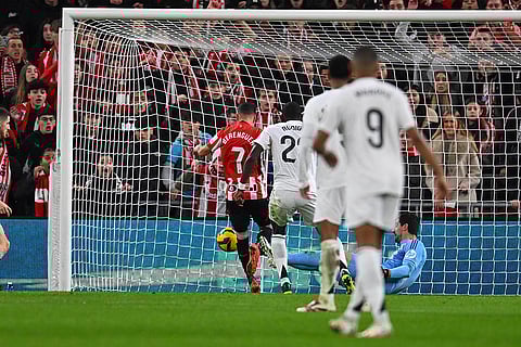 La Liga 2024-25: Athletic Bilbao's Alex Berenguer, left, scores his sides first goal