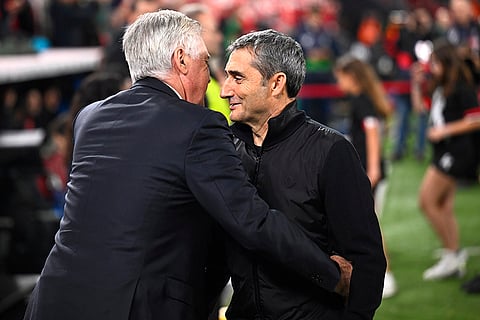 La Liga 2024-25: Real Madrid's head coach Carlo Ancelotti, left, greets with Athletic Bilbao's head coach Ernesto Valverde
