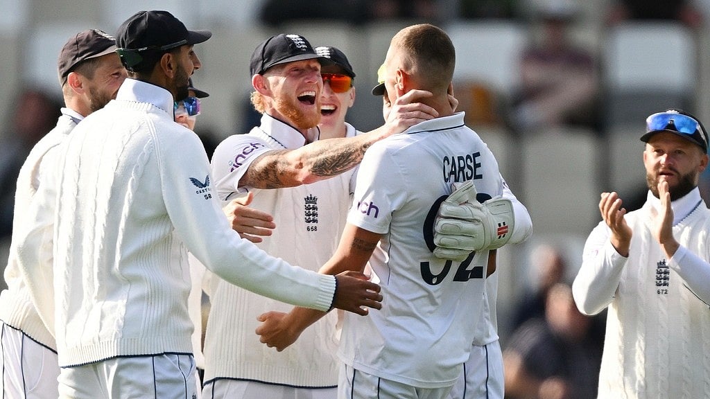 AP/Andrew Cornaga                   : England celebrate the wicket of New Zealand batter Kane Williamson during the first day of the second Test in Wellington.