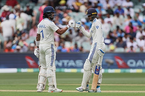 IND Vs AUS 2nd Test Day 1: India's Shubman Gill, right, and KL Rahul celebrate scoring runs