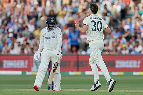 IND Vs AUS 2nd Test Day 1: Australia's captain Pat Cummins, right, celebrates the dismissal of India's Jasprit Bumrah