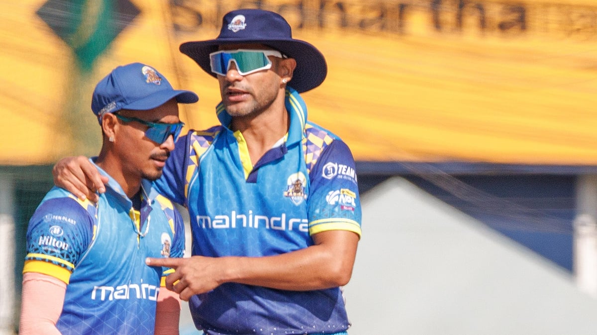 X/Karnali Yaks : Shikhar Dhawan (right) in action at the the Nepal Premier League.