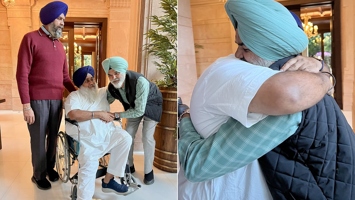 X/@officeofssbadal : Shiromani Akali Dal leader Sukhbir Singh Badal hugs hugged two police officials for saving his life when a former terrorist opened fire at him at Golden Temple in Amritsar.
