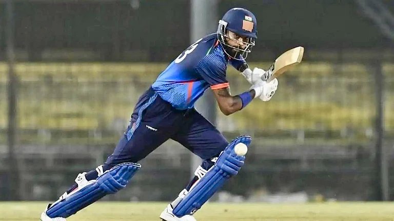Hardik Pandya has been in scintillating form with the bat for Baroda in the Syed Mushtaq Ali trophy. - X/JayShah