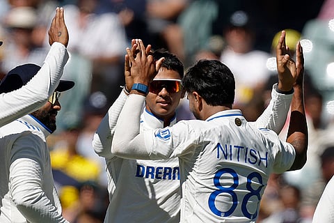 IND Vs AUS 2nd Test Day 2: India's Yashasvi Jaiswal celebrates with Nitish Kumar Reddy after taking the catch to dismiss Australia's Marnus Labuschagne