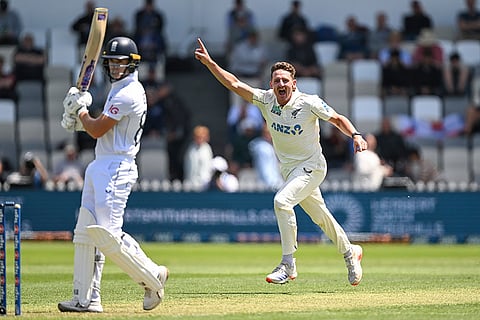 NZ vs Eng 2nd Test Day 1: New Zealand's Nathan Smith, right, celebrates after taking the wicket of England's Jacob Bethell