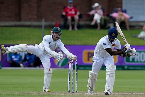 RSA Vs SL 2nd Test Day 2: South Africa's Kyle Verreynne, left, attempts stumping Sri Lanka's Angelo Mathews