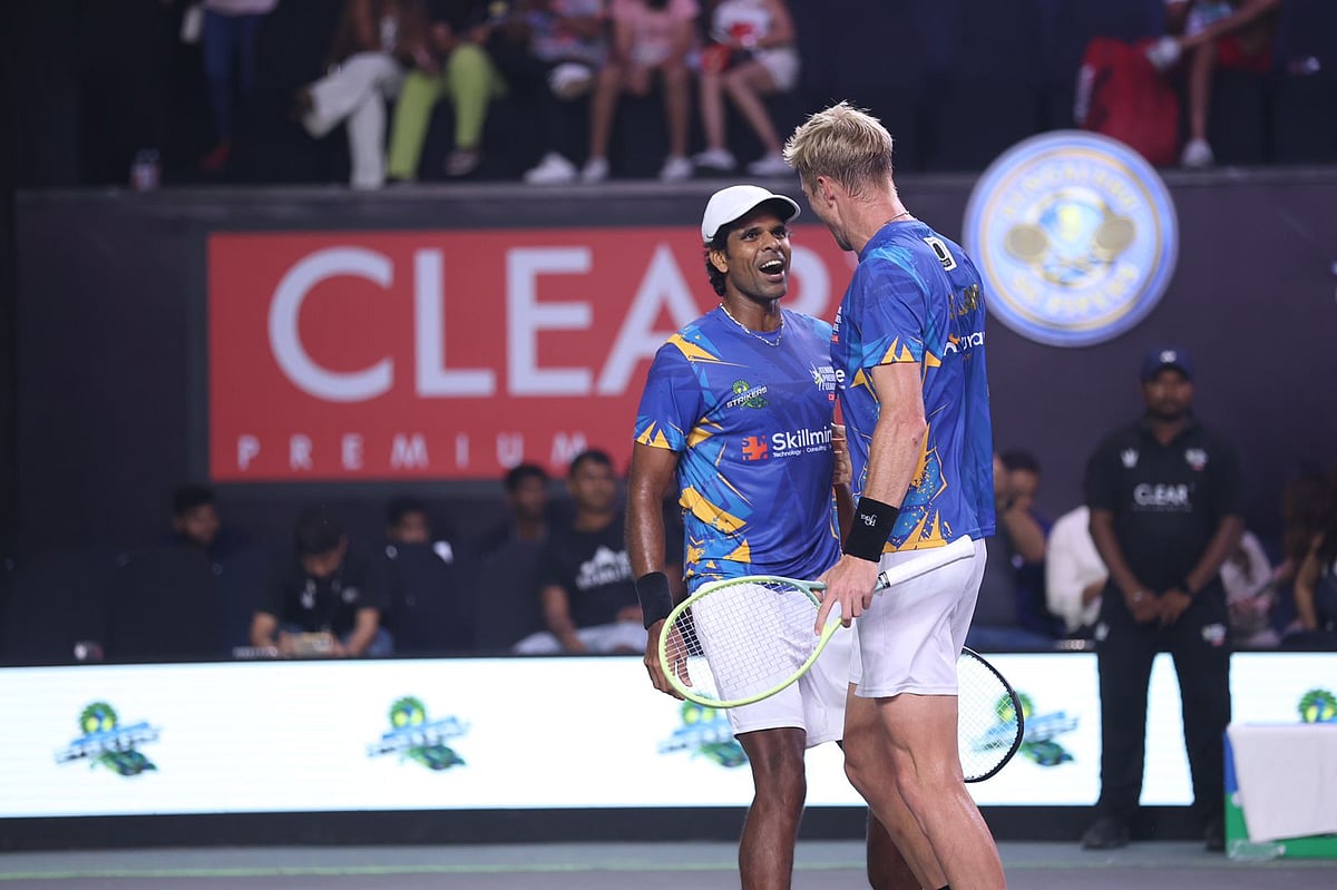 Special Arrangement. : Hyderabad Strikers Men's Doubles in action during Tennis Premier League Season 6.