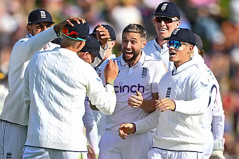 NZ vs Eng 2nd Test Day 1: England's Chris Woakes celebrates after taking the wicket of New Zealand's Rachin Ravindra