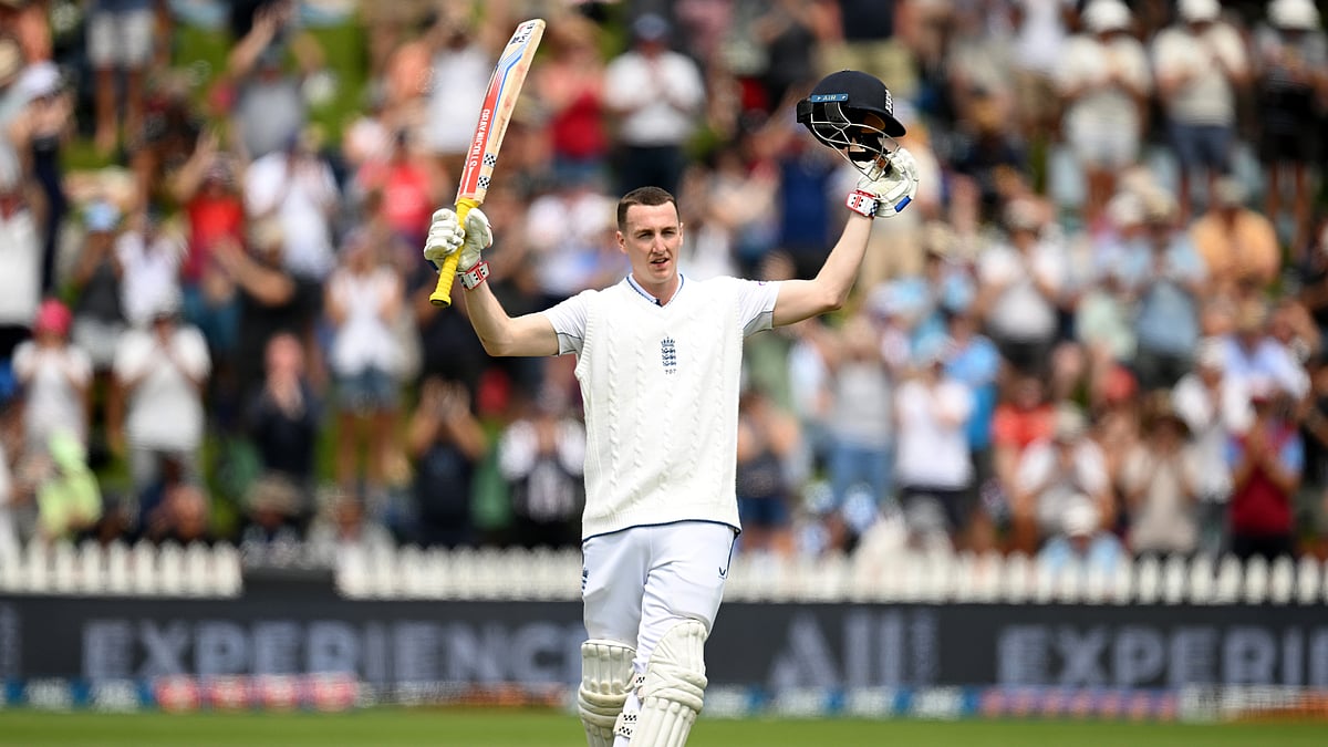 Harry Brook raises the bat after his century in New Zealand
