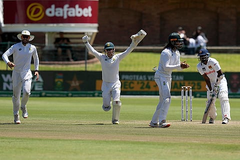 RSA Vs SL, 2nd Test: South Africa's players celebrate the dismissal Sri Lanka's Prabath Jayasuriya