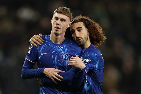 EPL 2024-25, TOT vs CHE: Chelsea's Cole Palmer celebrates with his teammate Marc Cucurella