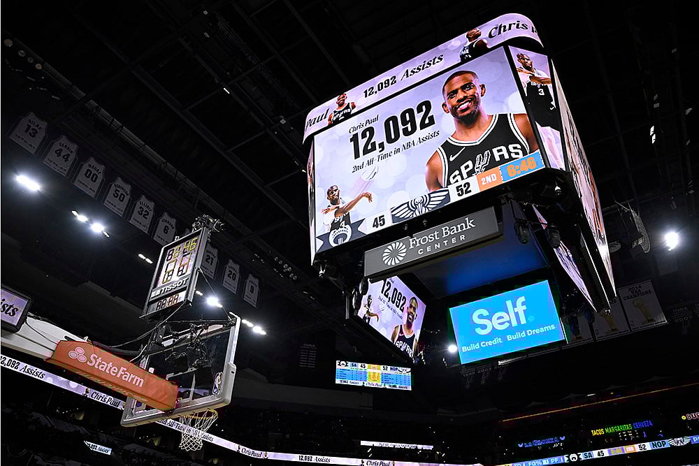 | Photo: AP/Darren Abate : NBA Pelicans vs Spurs Basketball: Spurs display a graphic congratulating Spurs guard Chris Paul