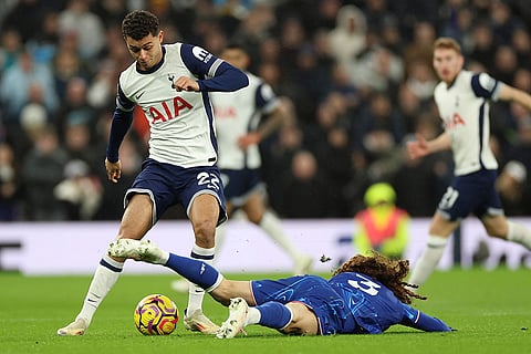 EPL 2024-25, TOT vs CHE: Tottenham's Brennan Johnson challenges for the ball with Chelsea's Marc Cucurella