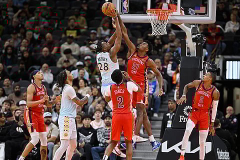 NBA Pelicans vs Spurs Basketball: Spurs' Charles Bassey (28) attempts to shoot against Pelicans' Yves Missi (21)