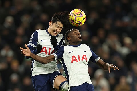 EPL 2024-25, TOT vs CHE: Tottenham's Son Heung-min goes for the header with his teammate Pape Matar Sarr