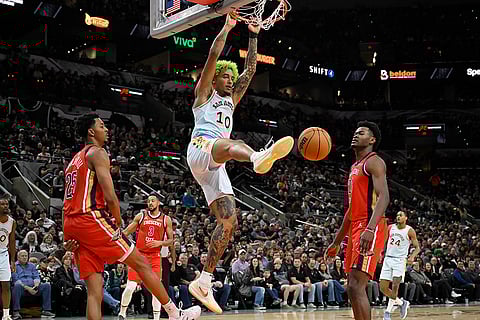 NBA Pelicans vs Spurs Basketball: Spurs' Jeremy Sochan (10) dunks against Pelicans' Trey Murphy III (25) and Yves Missi