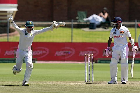 RSA Vs SL, 2nd Test: South Africa's Kyle Verreynne, left, celebrates the dismissal of Sri Lanka's Kusal Mendis