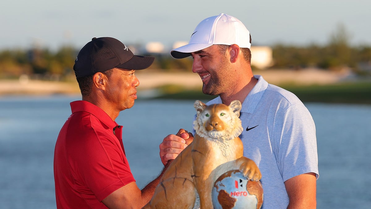 Tiger Woods congratulates Scottie Scheffler on winning the Hero World Challenge