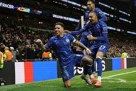 EPL 2024-25, TOT vs CHE: Chelsea's Enzo Fernandez celebrates with his teammates after scoring his side's third goal