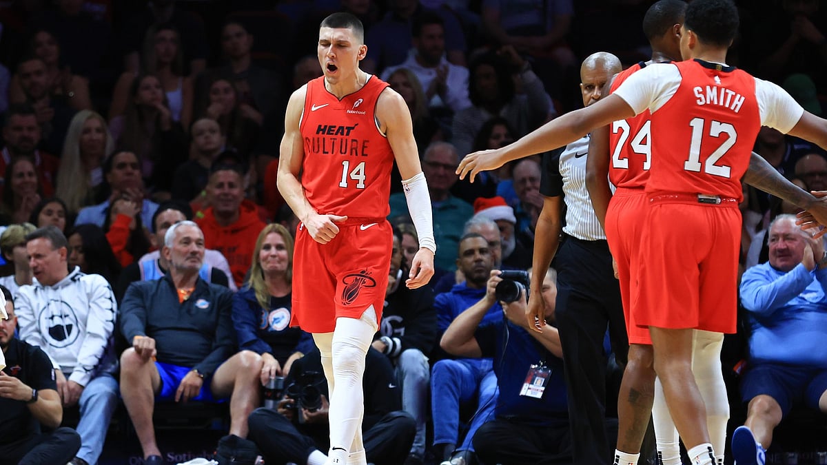 Miami Heat guard Tyler Herro (#14) celebrates vs. the Cleveland Cavaliers on Dec. 8, 2024.