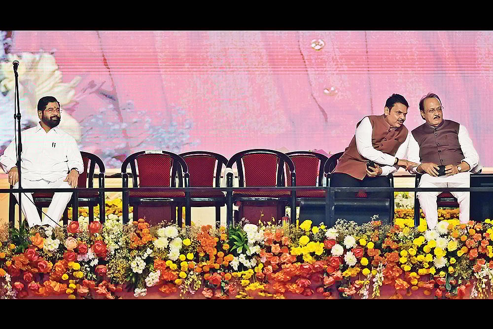 | Photo: Getty Images : The Mahayuti Trio: Eknath Shinde (extreme left), Devendra Fadnavis (middle) and Ajit Pawar (extreme right) at the swearing-in ceremony of the heads of the new government on December 5, 2024, in Mumbai 