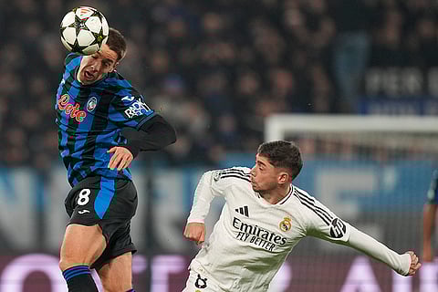 Champions League 2024-25: Atalanta's Mario Pasalic, left, and Real Madrid's Federico Valverde jump for the ball