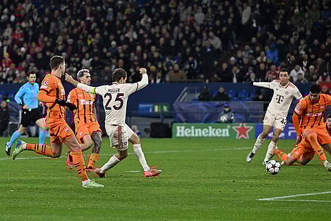 Champions League 2024-25: Bayern's Thomas Muller, centre, scores his side's second goal