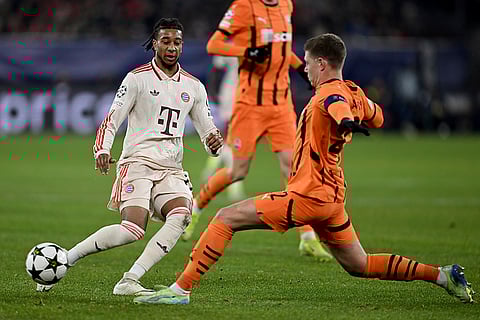 Champions League 2024-25: Bayern's Michael Olise, left, and Shakhtar's Mykola Matwijenko challenge for the ball