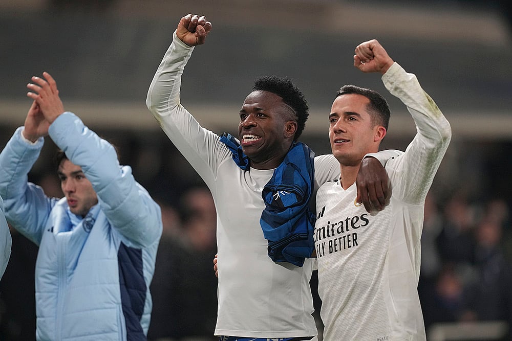 | Photo: AP/Antonio Calanni : Champions League 2024-25: Real Madrid players celebrate at the end of the match 