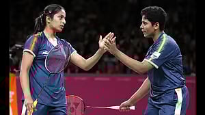 File : The Indian women's doubles duo of Treesa Jolly and Gayatri Gopichand.
