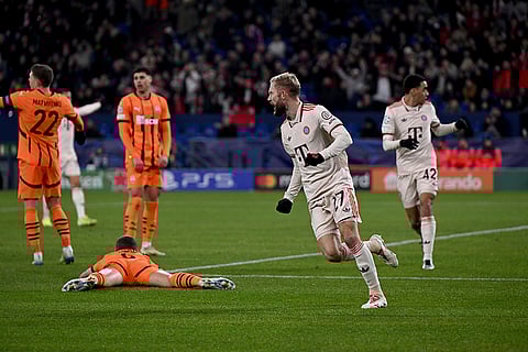 Champions League 2024-25: Bayern's Konrad Laimer, centre, celebrates after scoring his side's first goal