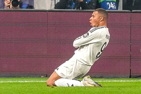 Champions League 2024-25: Real Madrid's Kylian Mbappe celebrates after he scored his side's first goal