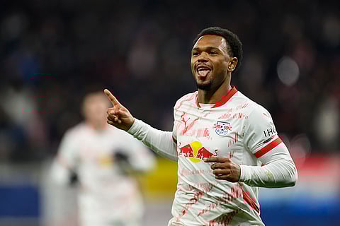 Champions League 2024-25: Leipzig's Lois Openda celebrates after scoring a goal