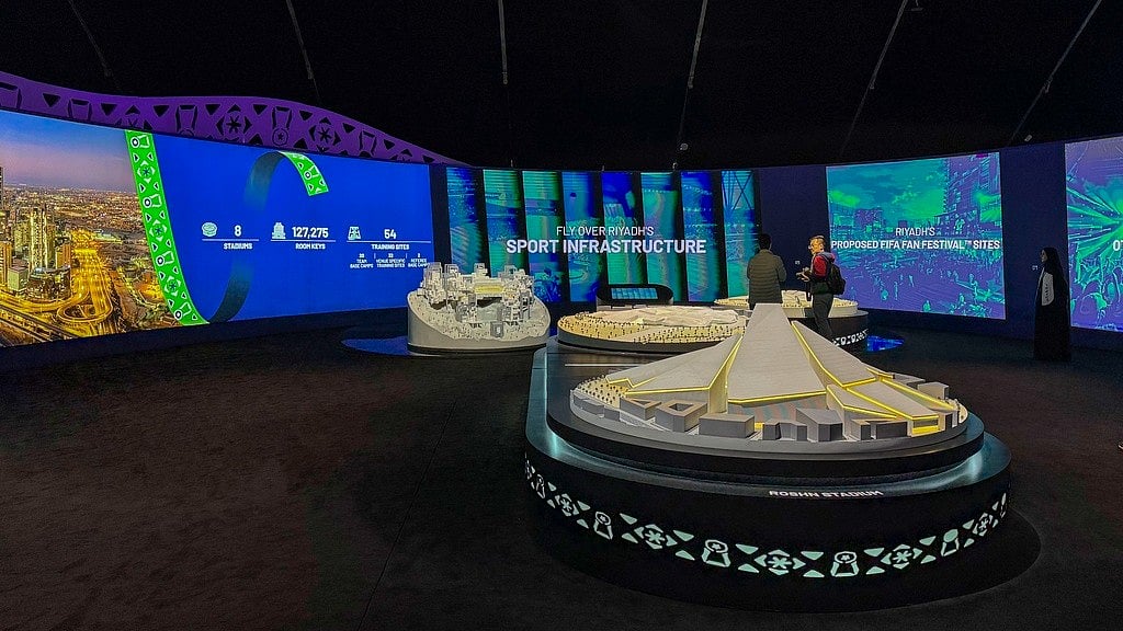 A detailed model of Riyadh's proposed sports infrastructure on display at the Saudi Arabia World Cup bid exhibition in Riyadh. - AP